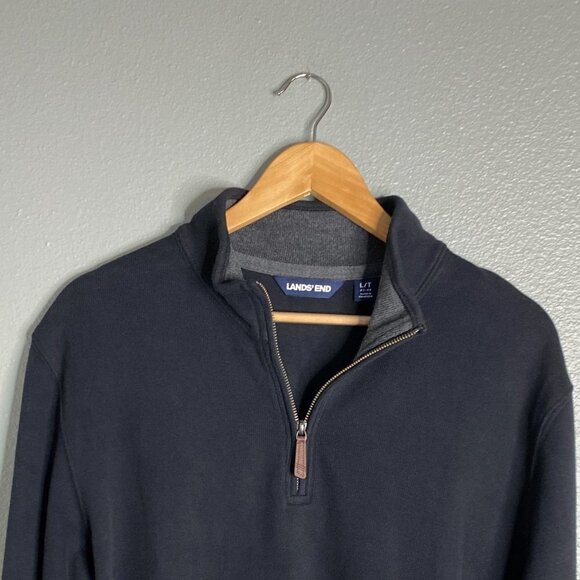 Land's End L/T 42-44 Men's 1/4 Zip Ribbed Pullover Solid Black Mock High Neck - Picture 3 of 5